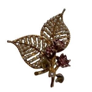 Vintage BSK Gold Toned Leaf w/ Flowers Brooch